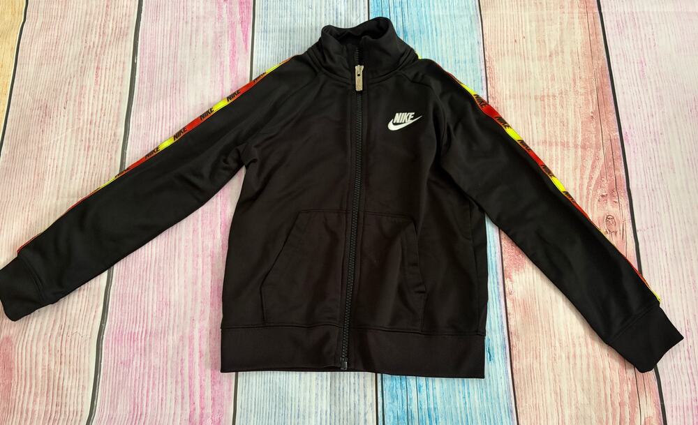 Nike Boys Track Jacket Size 5 Zip Up Red Yellow Sleeve Stripes EUC